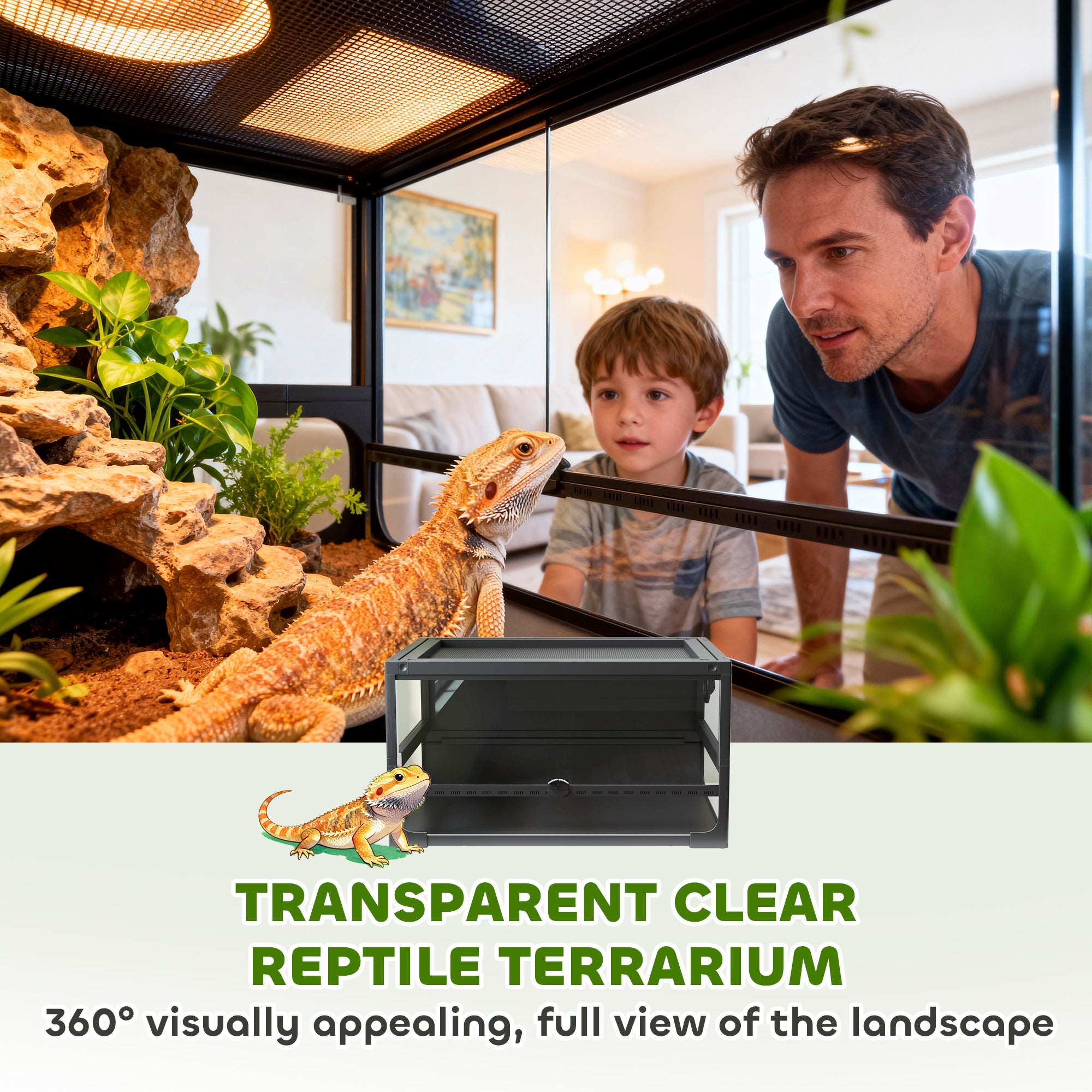 Raised Foldable Reptile Terrarium 24 x 18 x 13 in (60 x 45 x 32 cm) — Tempered Glass, Lockable Lid, Feeding Door, Mesh Ventilation, 360° View