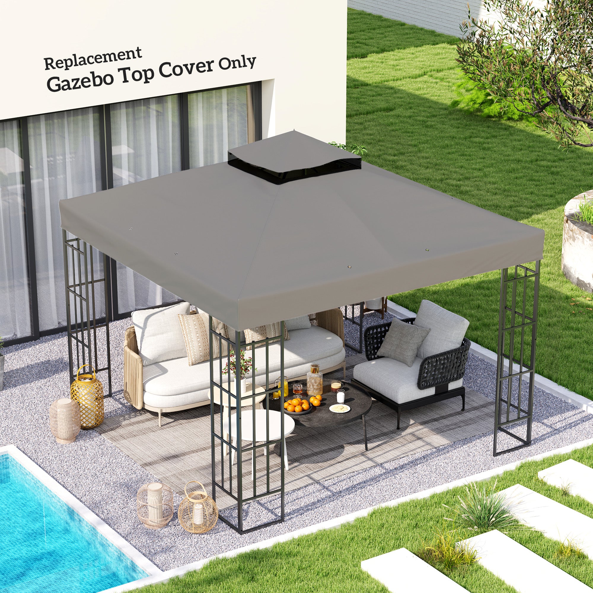 10' x 10' Replacement Gazebo Canopy Top — 2-Tier, Waterproof PVC-Coated 600D Oxford (370 g/m²), UPF30+, Drainage Holes, Gray