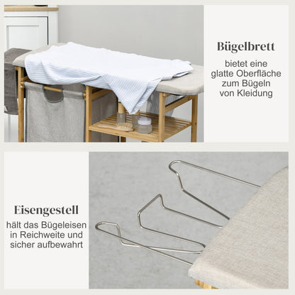 Laundry Basket 57.4 L Laundry Sorter with Ironing Board and Iron Rest, Laundry Box with 3-Tier Shelf, Extendable and Removable Bag, for Bathroom, Bamboo, Natural