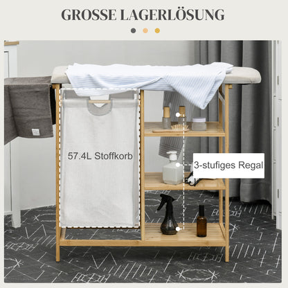 Laundry Basket 57.4 L Laundry Sorter with Ironing Board and Iron Rest, Laundry Box with 3-Tier Shelf, Extendable and Removable Bag, for Bathroom, Bamboo, Natural