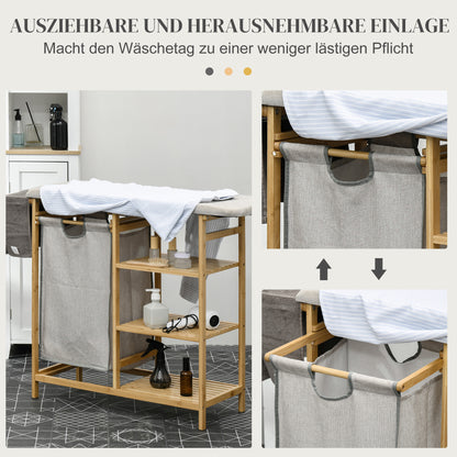 Laundry Basket 57.4 L Laundry Sorter with Ironing Board and Iron Rest, Laundry Box with 3-Tier Shelf, Extendable and Removable Bag, for Bathroom, Bamboo, Natural