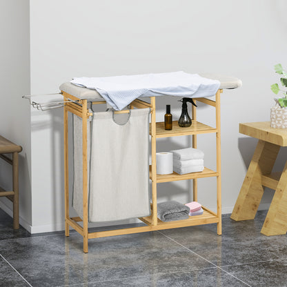 Laundry Basket 57.4 L Laundry Sorter with Ironing Board and Iron Rest, Laundry Box with 3-Tier Shelf, Extendable and Removable Bag, for Bathroom, Bamboo, Natural