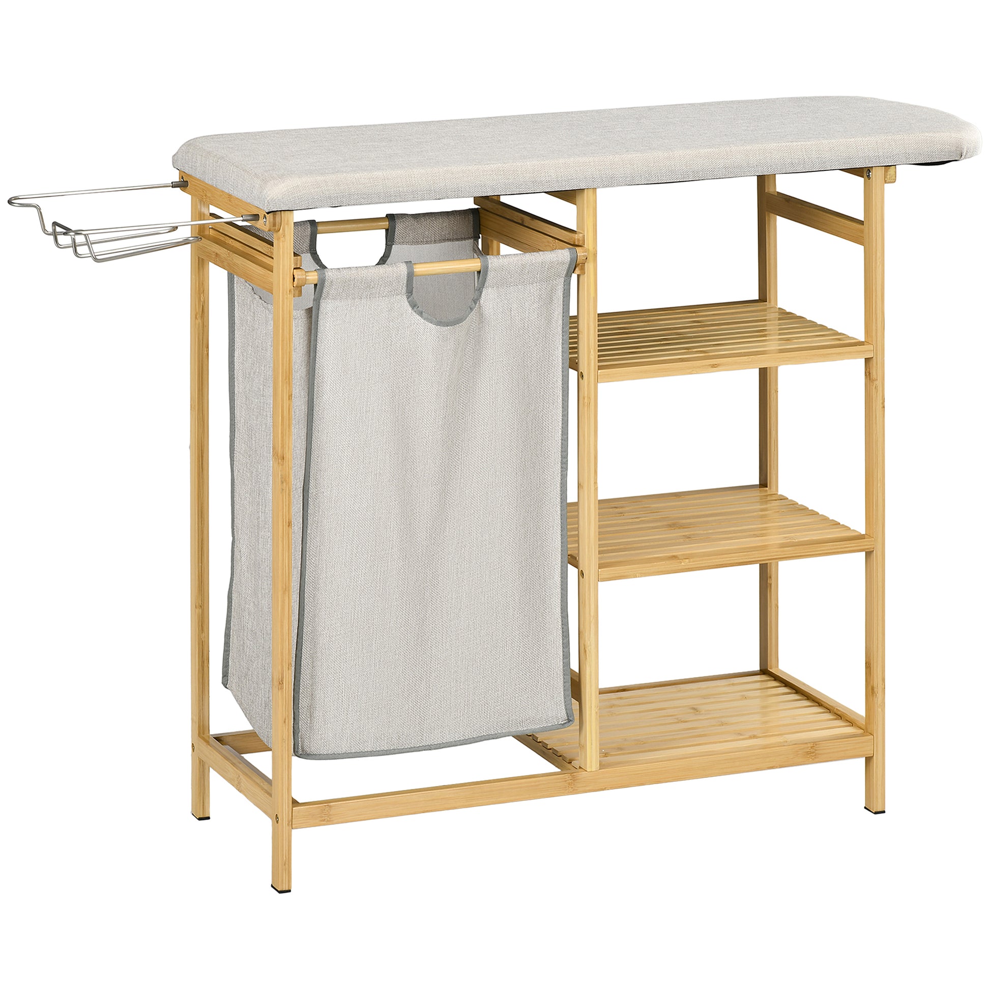 Laundry Basket 57.4 L Laundry Sorter with Ironing Board and Iron Rest, Laundry Box with 3-Tier Shelf, Extendable and Removable Bag, for Bathroom, Bamboo, Natural