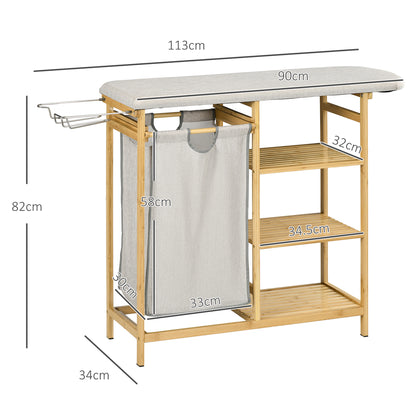 Laundry Basket 57.4 L Laundry Sorter with Ironing Board and Iron Rest, Laundry Box with 3-Tier Shelf, Extendable and Removable Bag, for Bathroom, Bamboo, Natural