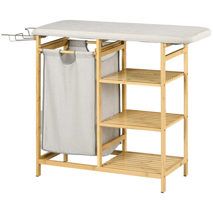 Laundry Basket 57.4 L Laundry Sorter with Ironing Board and Iron Rest, Laundry Box with 3-Tier Shelf, Extendable and Removable Bag, for Bathroom, Bamboo, Natural