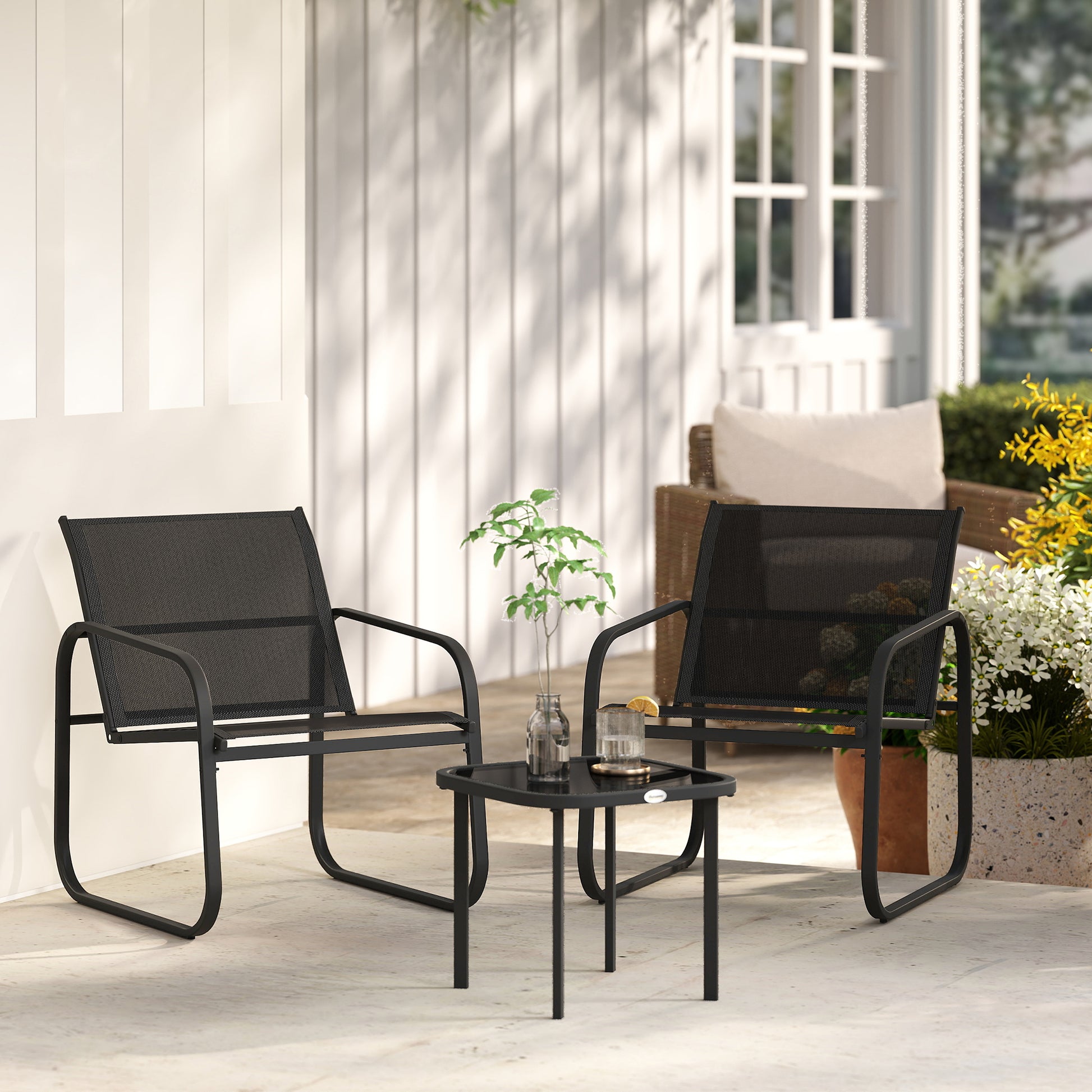 3-Piece Garden Bistro Set, Outdoor Garden Set for 2 People with 2 Mesh Chairs and Tempered Glass Coffee Table, Garden Furniture, Patio, Balcony, Veranda, Black