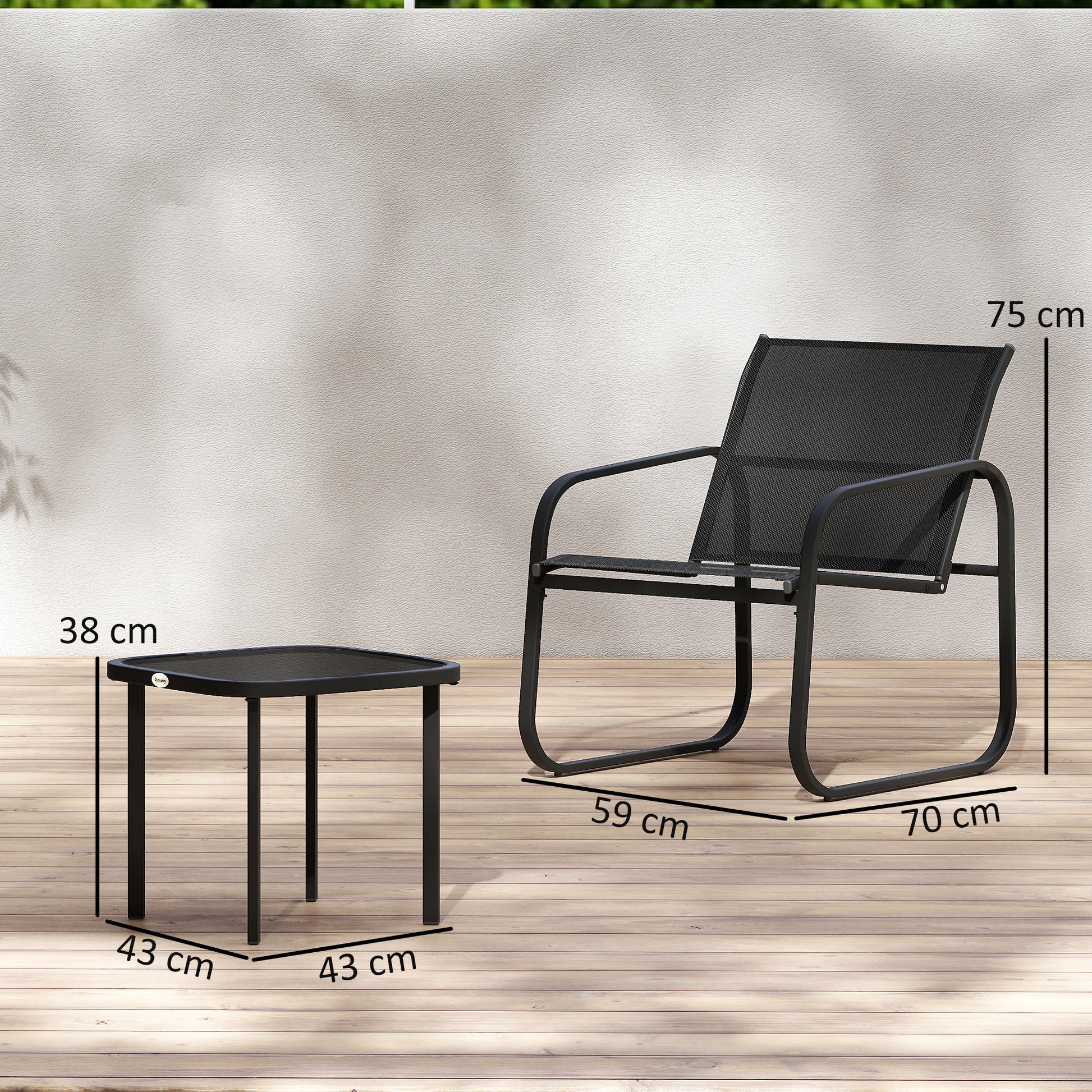 3-Piece Garden Bistro Set, Outdoor Garden Set for 2 People with 2 Mesh Chairs and Tempered Glass Coffee Table, Garden Furniture, Patio, Balcony, Veranda, Black
