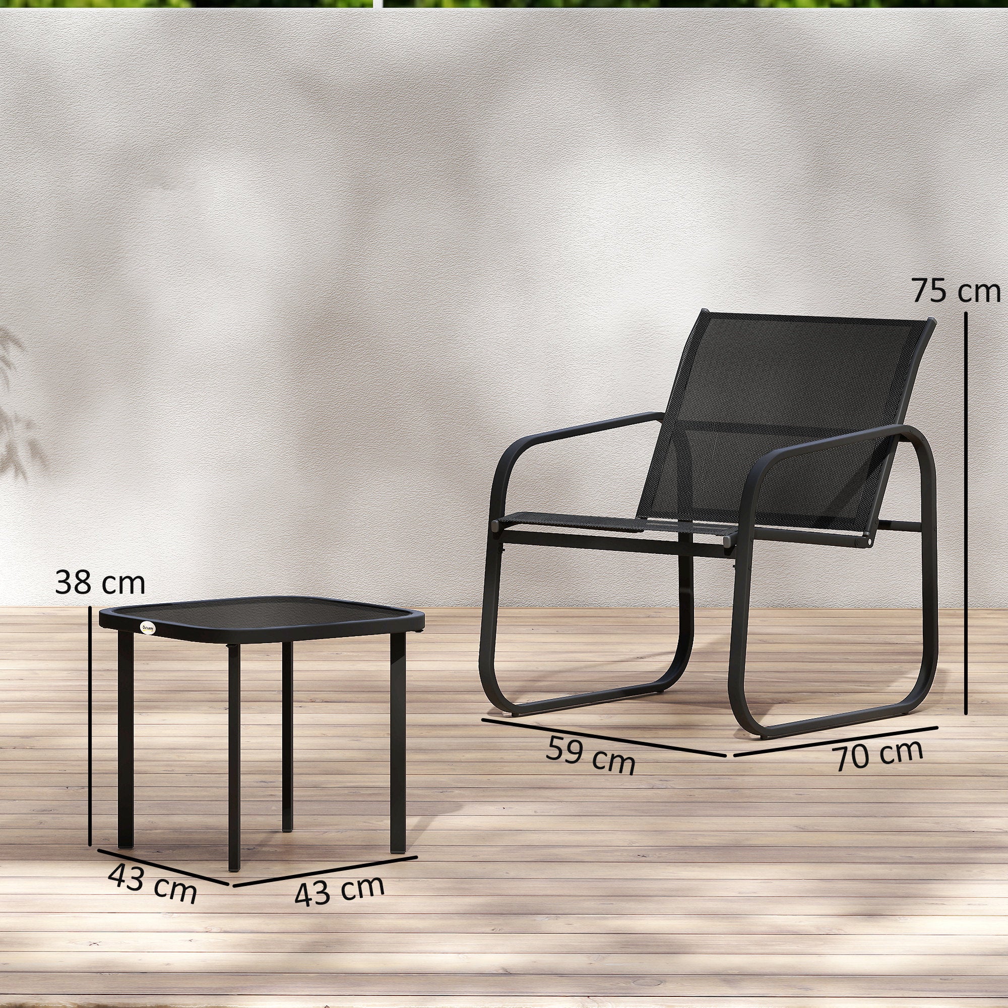 3-Piece Garden Bistro Set, Outdoor Garden Set for 2 People with 2 Mesh Chairs and Tempered Glass Coffee Table, Garden Furniture, Patio, Balcony, Veranda, Black