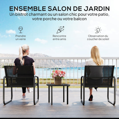 3-Piece Garden Bistro Set, Outdoor Garden Set for 2 People with 2 Mesh Chairs and Tempered Glass Coffee Table, Garden Furniture, Patio, Balcony, Veranda, Black