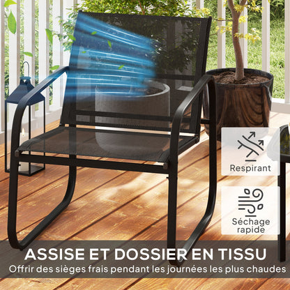 3-Piece Garden Bistro Set, Outdoor Garden Set for 2 People with 2 Mesh Chairs and Tempered Glass Coffee Table, Garden Furniture, Patio, Balcony, Veranda, Black