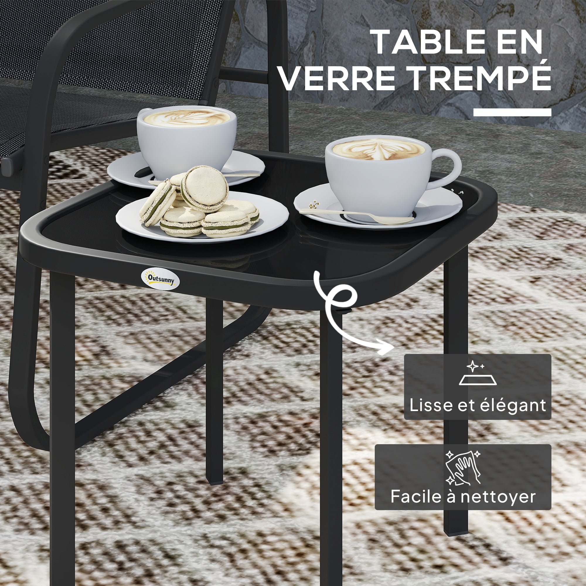 3-Piece Garden Bistro Set, Outdoor Garden Set for 2 People with 2 Mesh Chairs and Tempered Glass Coffee Table, Garden Furniture, Patio, Balcony, Veranda, Black