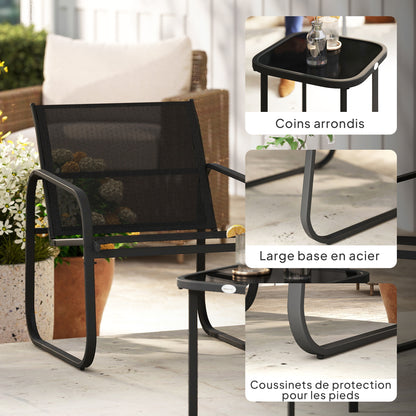 3-Piece Garden Bistro Set, Outdoor Garden Set for 2 People with 2 Mesh Chairs and Tempered Glass Coffee Table, Garden Furniture, Patio, Balcony, Veranda, Black