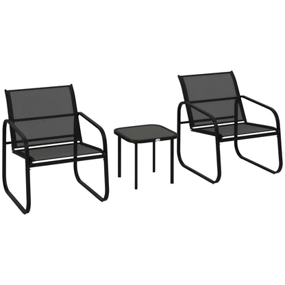 3-Piece Garden Bistro Set, Outdoor Garden Set for 2 People with 2 Mesh Chairs and Tempered Glass Coffee Table, Garden Furniture, Patio, Balcony, Veranda, Black