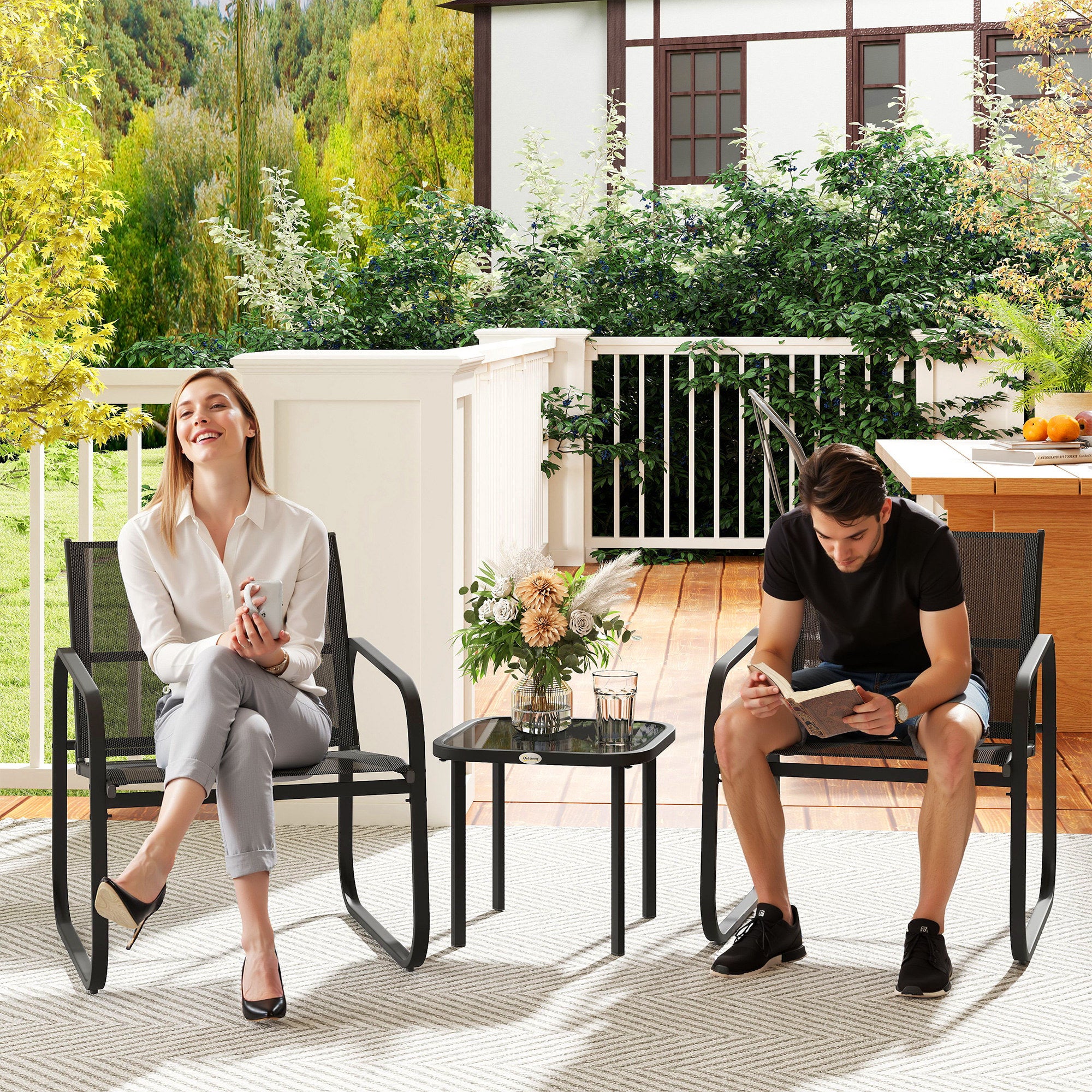 3-Piece Garden Bistro Set, Outdoor Garden Set for 2 People with 2 Mesh Chairs and Tempered Glass Coffee Table, Garden Furniture, Patio, Balcony, Veranda, Black
