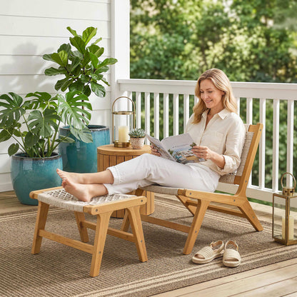 2-Piece Acacia Wood Outdoor Lounge Chair with Ottoman – FSC-Certified, Polyrattan Rattan Seat, Boho Style, Adjustable Feet, Beige (350 lb)