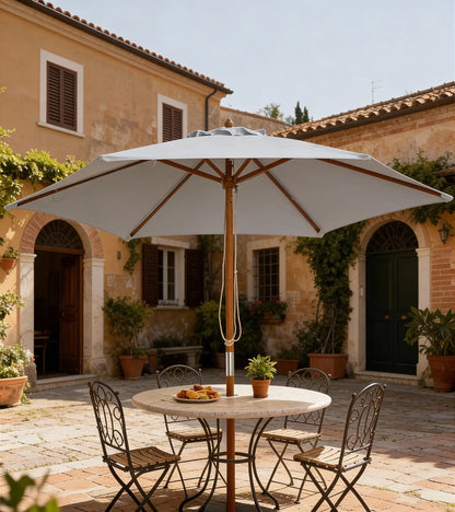 Outsunny Parasol Ø 250 cm, Parasol med Talje Mekanisme Balkon Parasol Strand Parasol lavet af Bambus Vindbestandig Markedsparasol Solbeskyttelse til Balkon Terrasse Have, Grå