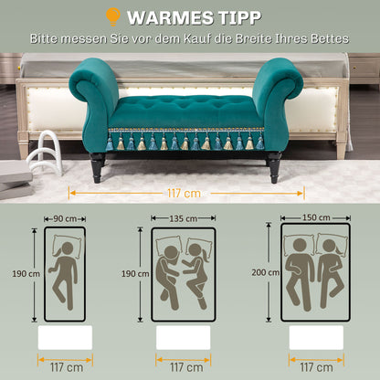Upholstered Bench, Velvet Look, Luxury Bed Bench with Wood Legs, Hallway Bench for Bedroom, up to 150 kg Capacity, Green, 117 x 40 x 58 cm