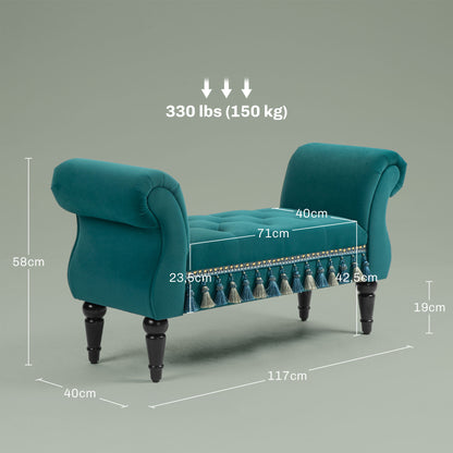 Upholstered Bench, Velvet Look, Luxury Bed Bench with Wood Legs, Hallway Bench for Bedroom, up to 150 kg Capacity, Green, 117 x 40 x 58 cm