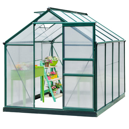 Greenhouse Aluminium Greenhouse with Roof Window Door 190 x 252 x 201 cm Plant House with Foundation Walk-In Tomato Greenhouse Weather-Resistant Polycarbonate Green+Transparent