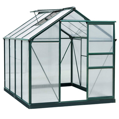 Greenhouse Aluminium Greenhouse with Roof Window Door 190 x 252 x 201 cm Plant House with Foundation Walk-In Tomato Greenhouse Weather-Resistant Polycarbonate Green+Transparent