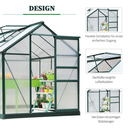 Greenhouse Aluminium Greenhouse with Roof Window Door 190 x 252 x 201 cm Plant House with Foundation Walk-In Tomato Greenhouse Weather-Resistant Polycarbonate Green+Transparent