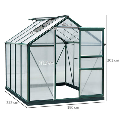 Greenhouse Aluminium Greenhouse with Roof Window Door 190 x 252 x 201 cm Plant House with Foundation Walk-In Tomato Greenhouse Weather-Resistant Polycarbonate Green+Transparent