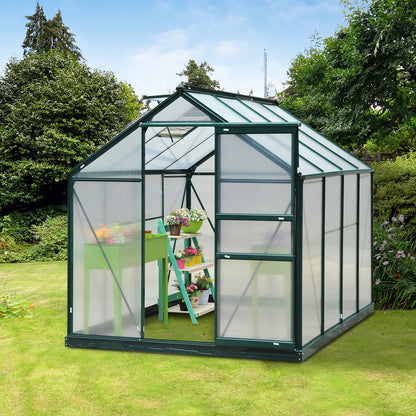Greenhouse Aluminium Greenhouse with Roof Window Door 190 x 252 x 201 cm Plant House with Foundation Walk-In Tomato Greenhouse Weather-Resistant Polycarbonate Green+Transparent