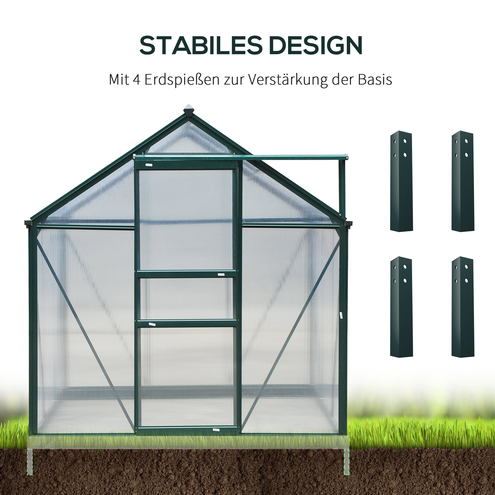 Greenhouse Aluminium Greenhouse with Roof Window Door 190 x 252 x 201 cm Plant House with Foundation Walk-In Tomato Greenhouse Weather-Resistant Polycarbonate Green+Transparent