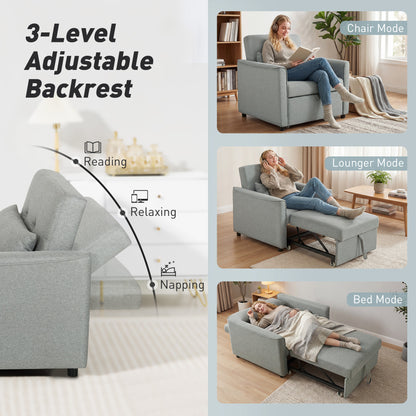 3-in-1 Convertible Sleeper Chair — Adjustable Backrest, Wide Seat, Lumbar Pillow, Linen-Look Sofa Bed, Gray