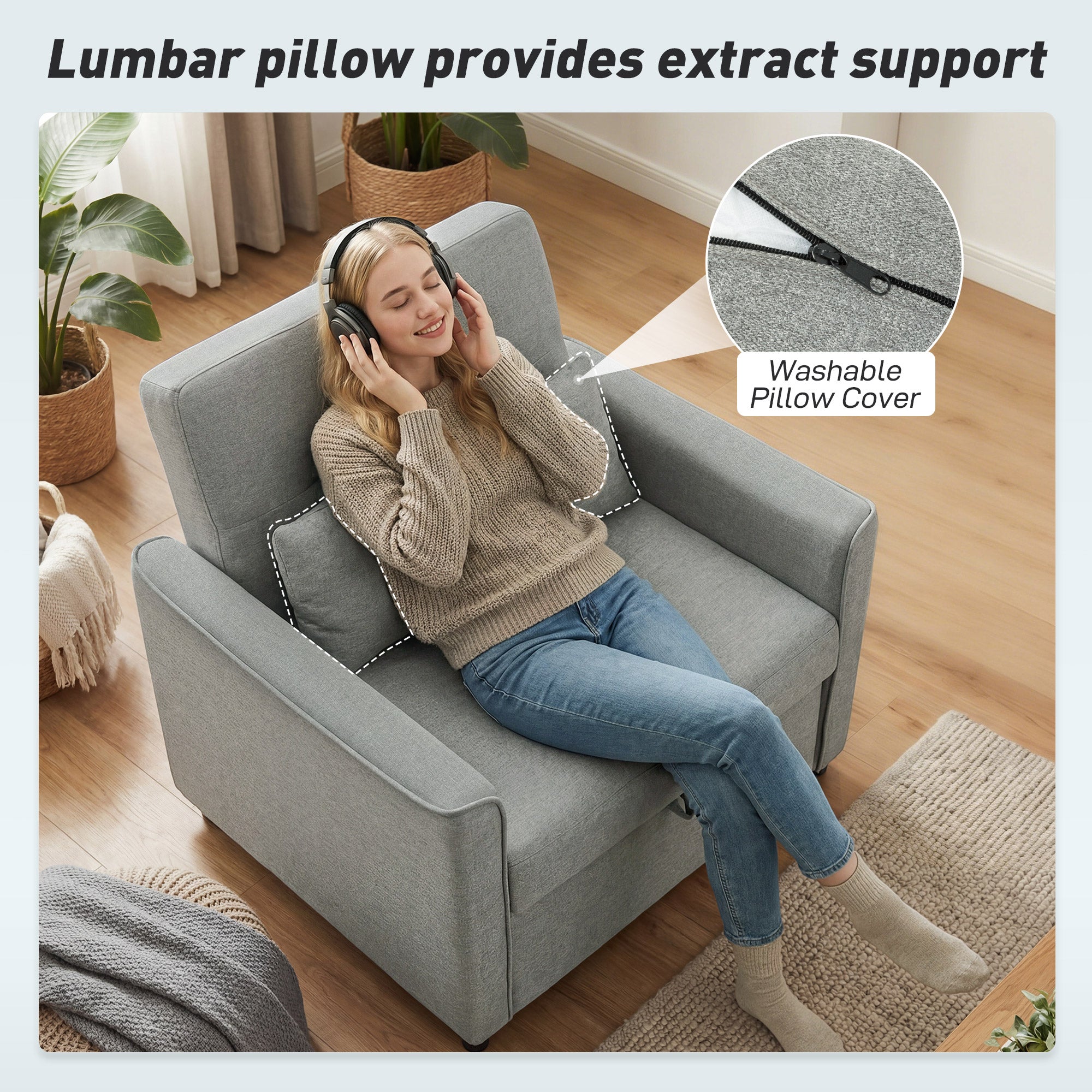 3-in-1 Convertible Sleeper Chair — Adjustable Backrest, Wide Seat, Lumbar Pillow, Linen-Look Sofa Bed, Gray