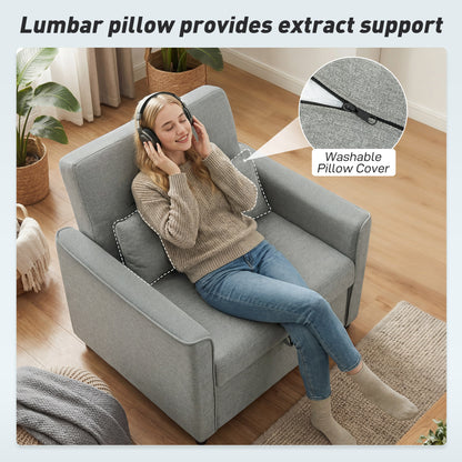 3-in-1 Convertible Sleeper Chair — Adjustable Backrest, Wide Seat, Lumbar Pillow, Linen-Look Sofa Bed, Gray
