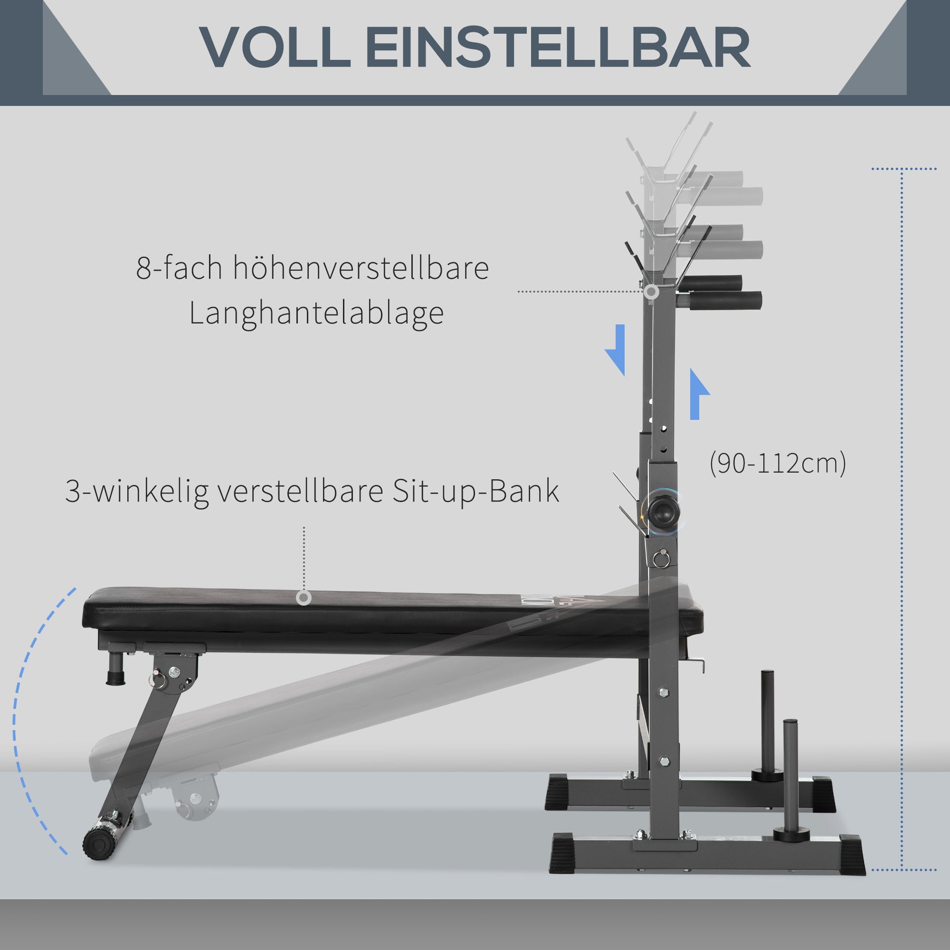 Adjustable Weight Bench, Foldable Training Bench with Barbell Rack, Home Fitness Bench, Steel, Black+Gray