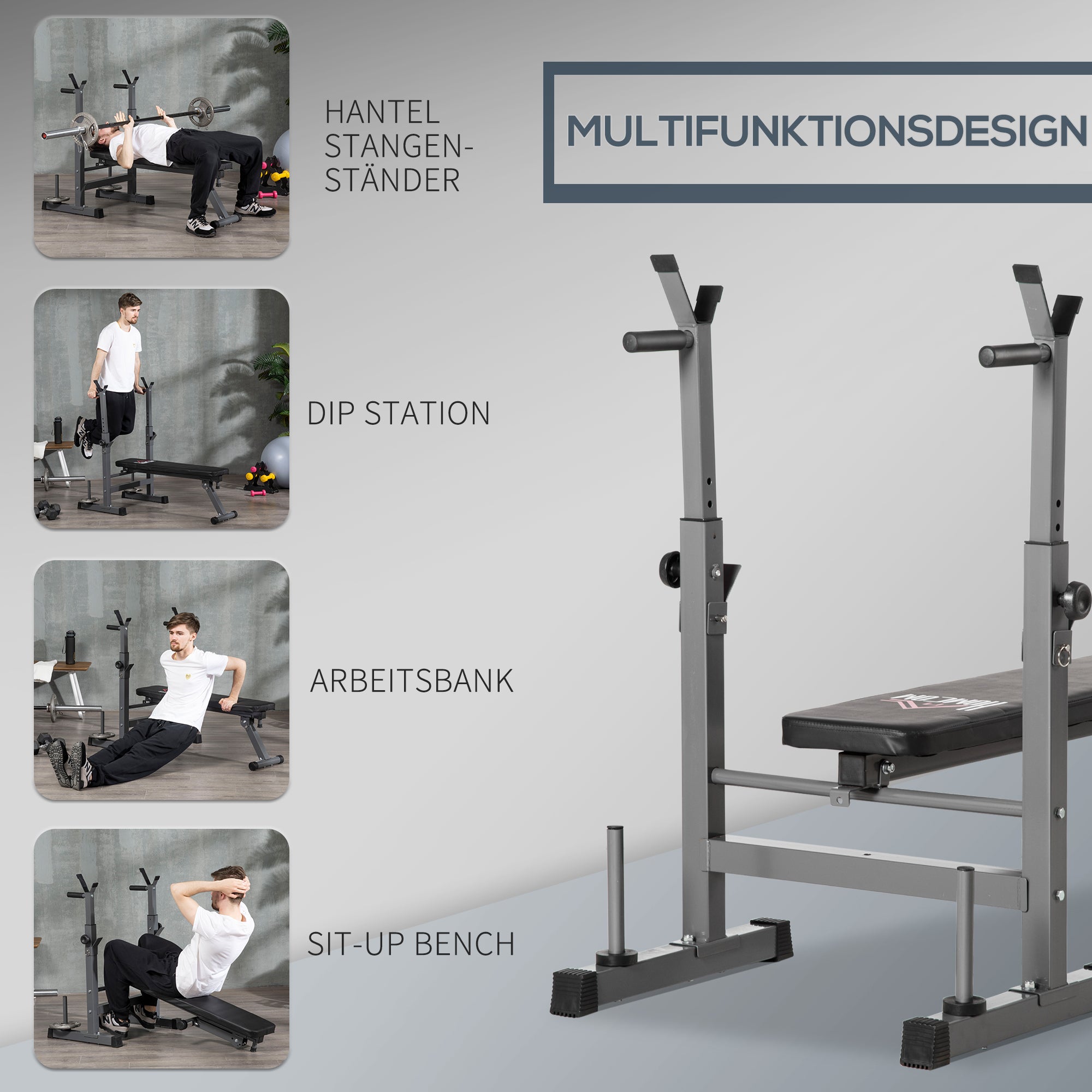 Adjustable Weight Bench, Foldable Training Bench with Barbell Rack, Home Fitness Bench, Steel, Black+Gray