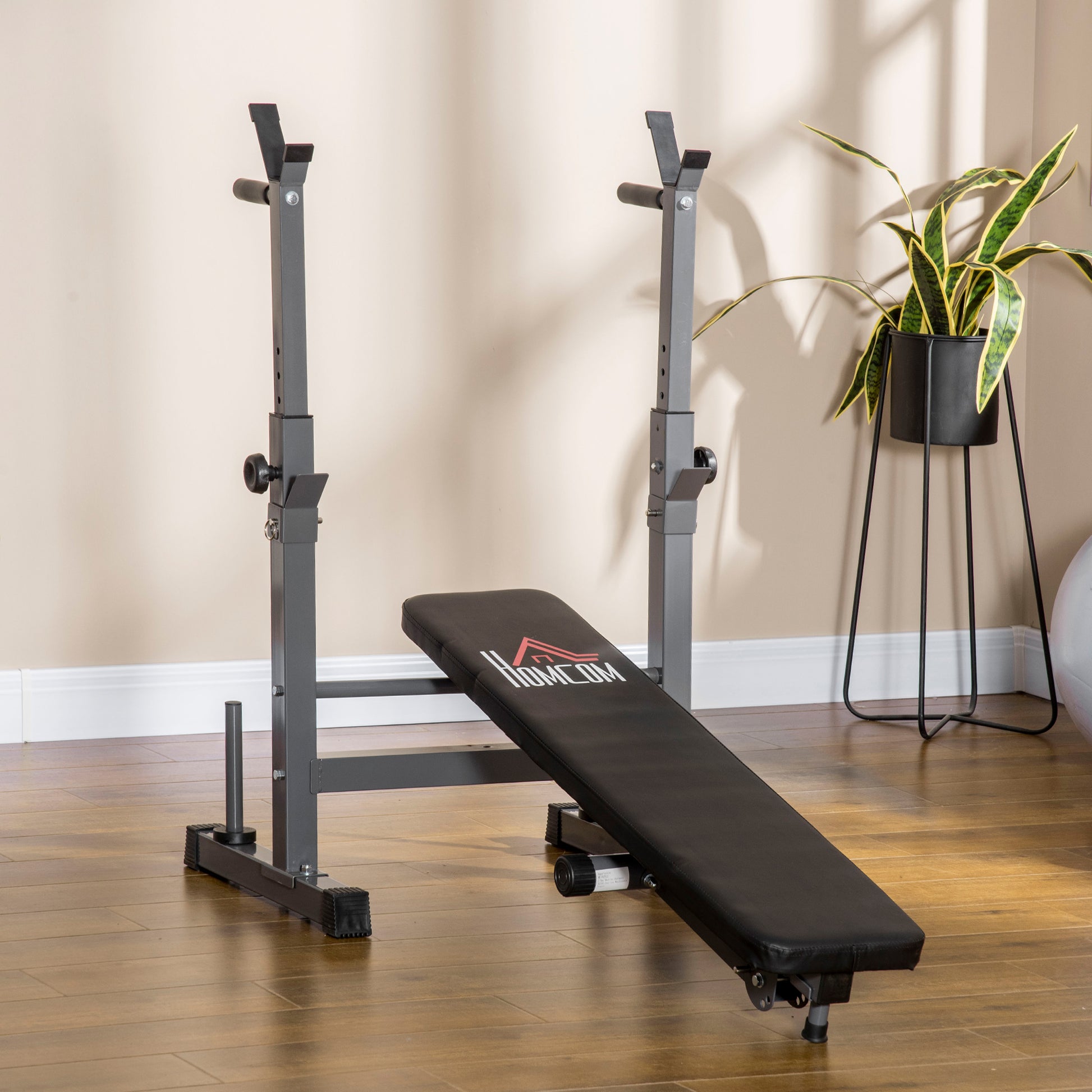 Adjustable Weight Bench, Foldable Training Bench with Barbell Rack, Home Fitness Bench, Steel, Black+Gray