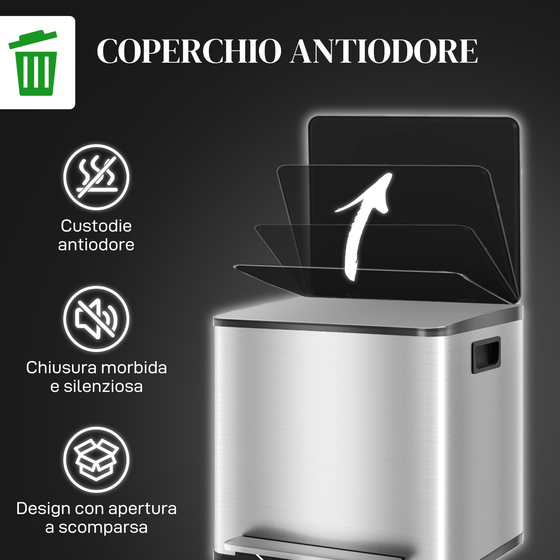 2 Compartment 15L Kitchen Pedal Trash Can with Soft-Close Lid, Stainless Steel and PP, 41.8x36.7x44 cm, Silver