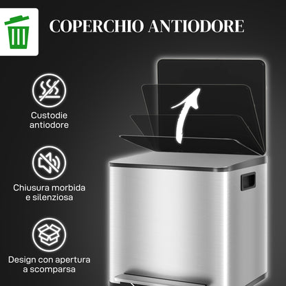 2 Compartment 15L Kitchen Pedal Trash Can with Soft-Close Lid, Stainless Steel and PP, 41.8x36.7x44 cm, Silver