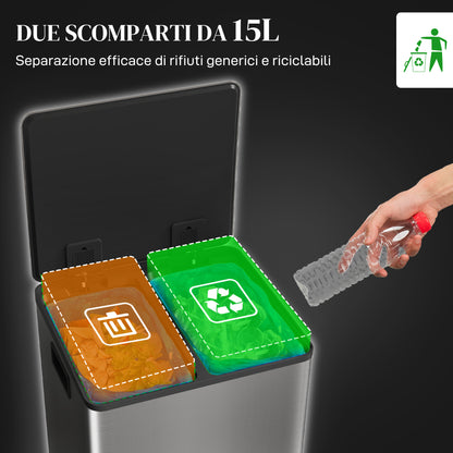 2 Compartment 15L Kitchen Pedal Trash Can with Soft-Close Lid, Stainless Steel and PP, 41.8x36.7x44 cm, Silver