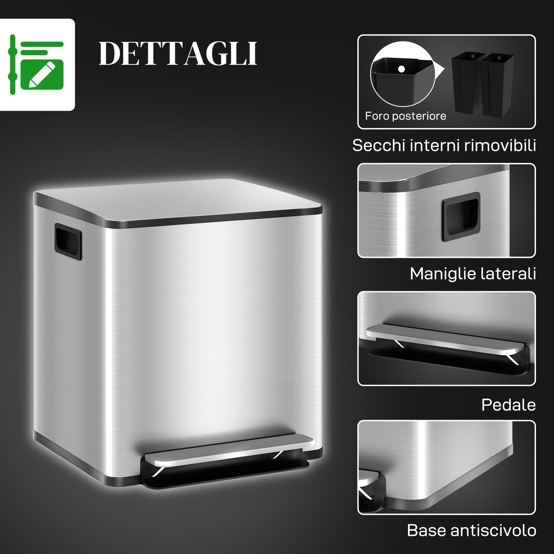 2 Compartment 15L Kitchen Pedal Trash Can with Soft-Close Lid, Stainless Steel and PP, 41.8x36.7x44 cm, Silver