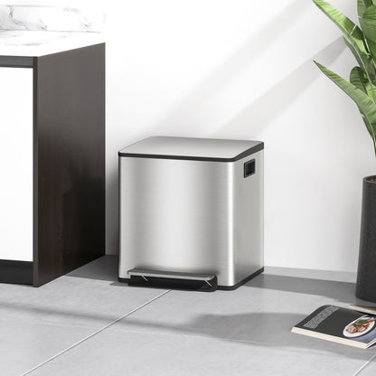 2 Compartment 15L Kitchen Pedal Trash Can with Soft-Close Lid, Stainless Steel and PP, 41.8x36.7x44 cm, Silver