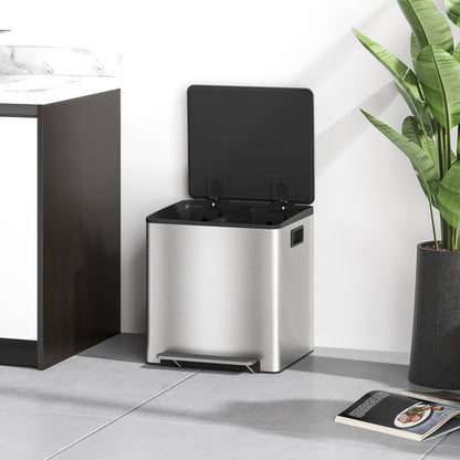 2 Compartment 15L Kitchen Pedal Trash Can with Soft-Close Lid, Stainless Steel and PP, 41.8x36.7x44 cm, Silver