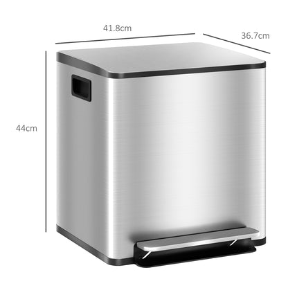 2 Compartment 15L Kitchen Pedal Trash Can with Soft-Close Lid, Stainless Steel and PP, 41.8x36.7x44 cm, Silver
