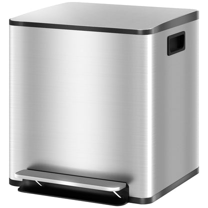 2 Compartment 15L Kitchen Pedal Trash Can with Soft-Close Lid, Stainless Steel and PP, 41.8x36.7x44 cm, Silver