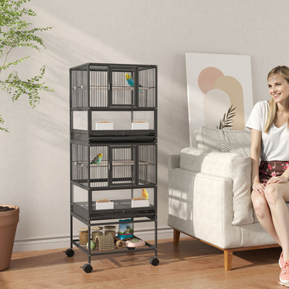 Bird Cage Large 2-Tier with Wheels Acrylic Panels Feeders Perches Shelf Removable Trays Birdcage for Parrots Canaries 48x46x134.5 cm Black