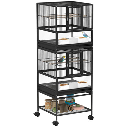 Bird Cage Large 2-Tier with Wheels Acrylic Panels Feeders Perches Shelf Removable Trays Birdcage for Parrots Canaries 48x46x134.5 cm Black