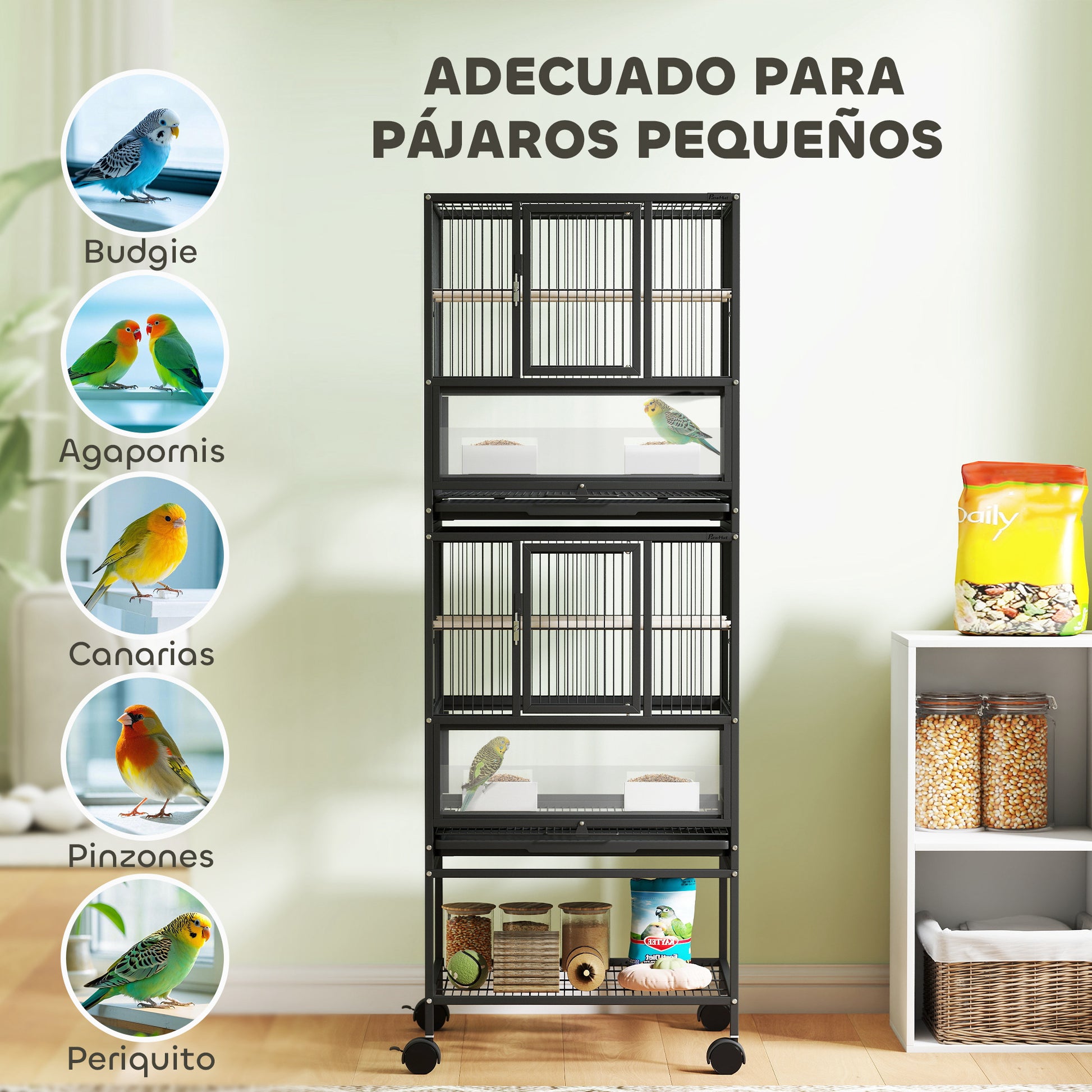 Bird Cage Large 2-Tier with Wheels Acrylic Panels Feeders Perches Shelf Removable Trays Birdcage for Parrots Canaries 48x46x134.5 cm Black