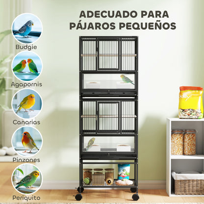 Bird Cage Large 2-Tier with Wheels Acrylic Panels Feeders Perches Shelf Removable Trays Birdcage for Parrots Canaries 48x46x134.5 cm Black