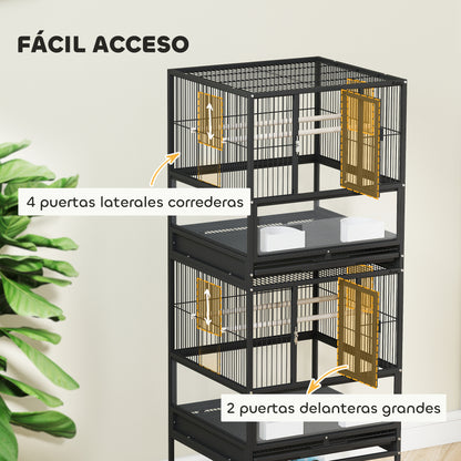 Bird Cage Large 2-Tier with Wheels Acrylic Panels Feeders Perches Shelf Removable Trays Birdcage for Parrots Canaries 48x46x134.5 cm Black