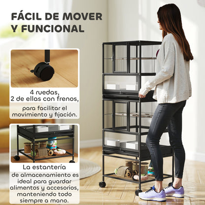 Bird Cage Large 2-Tier with Wheels Acrylic Panels Feeders Perches Shelf Removable Trays Birdcage for Parrots Canaries 48x46x134.5 cm Black