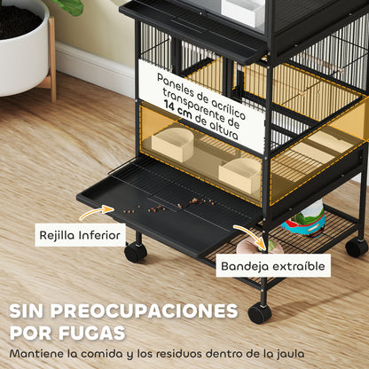 Bird Cage Large 2-Tier with Wheels Acrylic Panels Feeders Perches Shelf Removable Trays Birdcage for Parrots Canaries 48x46x134.5 cm Black