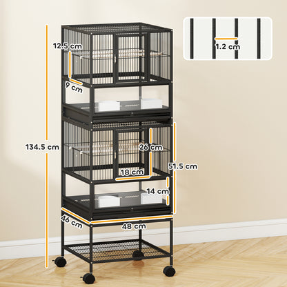 Bird Cage Large 2-Tier with Wheels Acrylic Panels Feeders Perches Shelf Removable Trays Birdcage for Parrots Canaries 48x46x134.5 cm Black